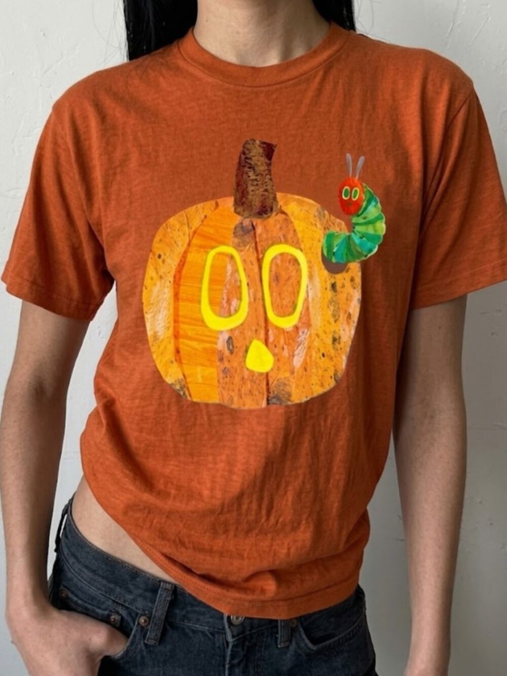 Very Hungry Caterpillar Pumpkin Halloween Graphic T-Shirt Gildan 5000 Women Tee